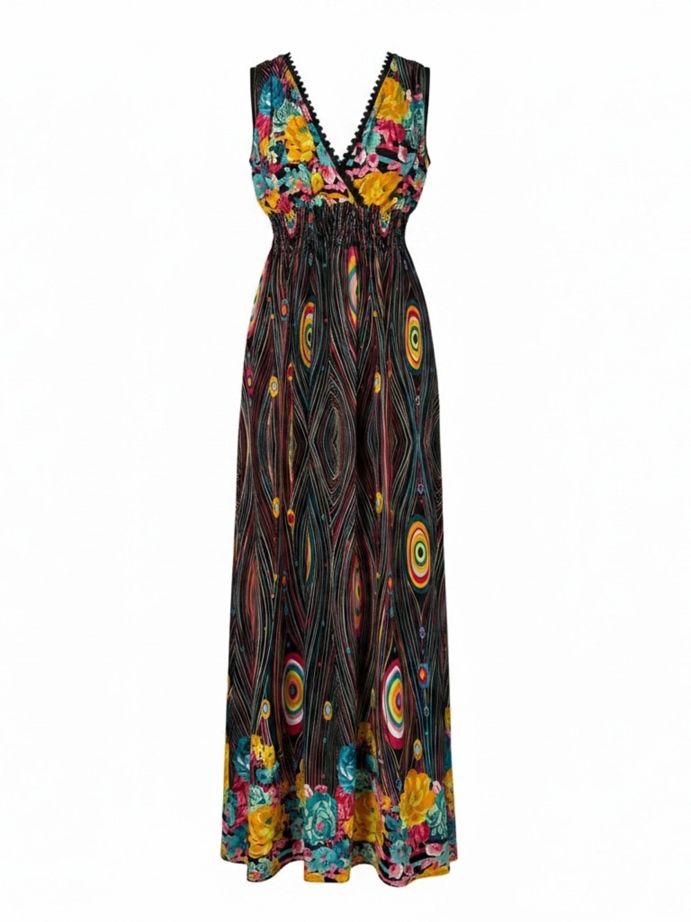 Boho Floral V-Neck Maxi Dress in Black with Multi-Color Accents